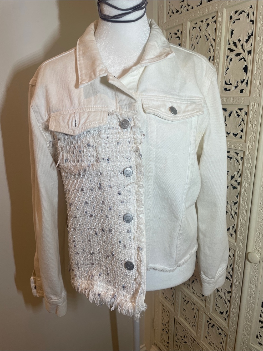 Lea & Viola Cream Mixed-Media Denim Jacket